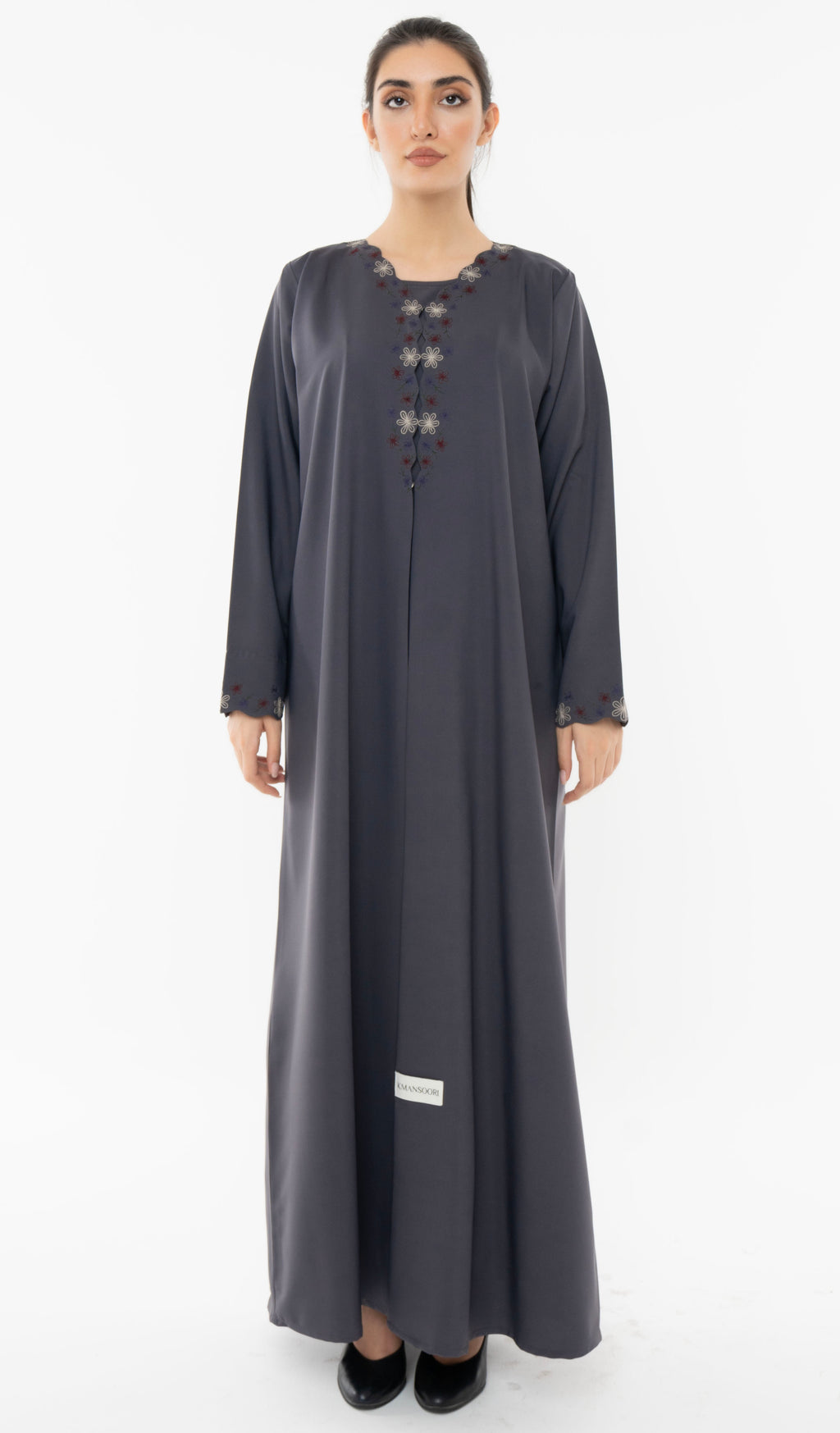 Designed Curve Neck Abaya With Floral Embroidery On Front And Sleeve