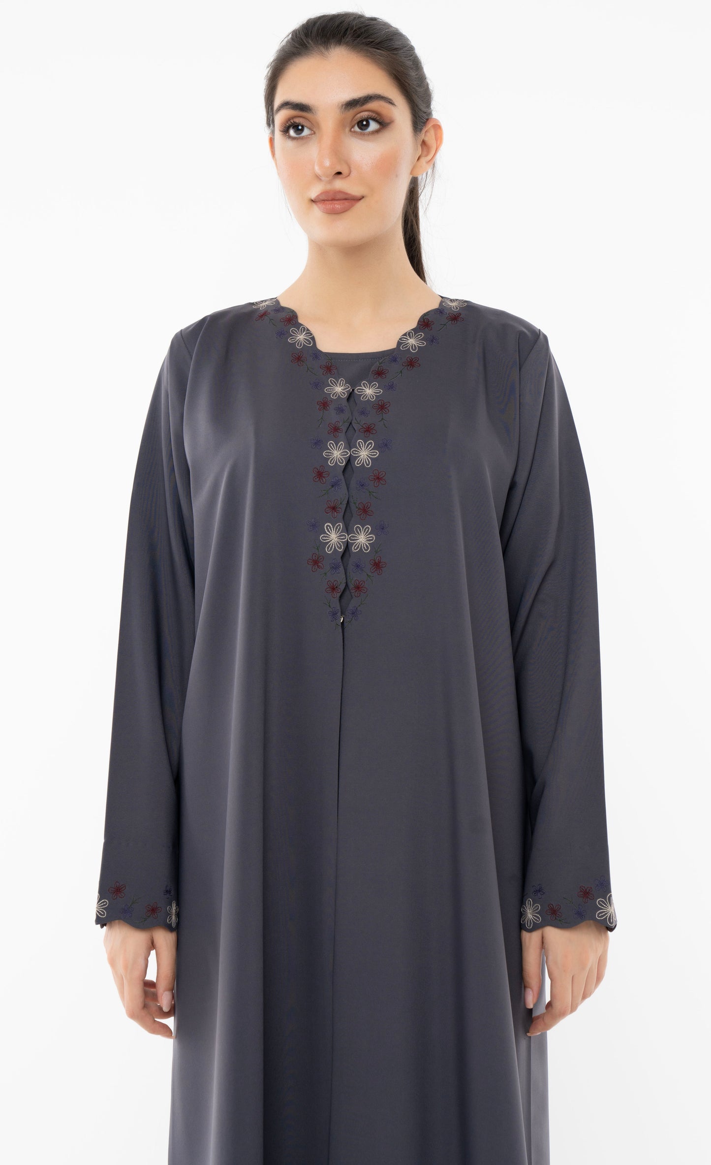 Designed Curve Neck Abaya With Floral Embroidery On Front And Sleeve