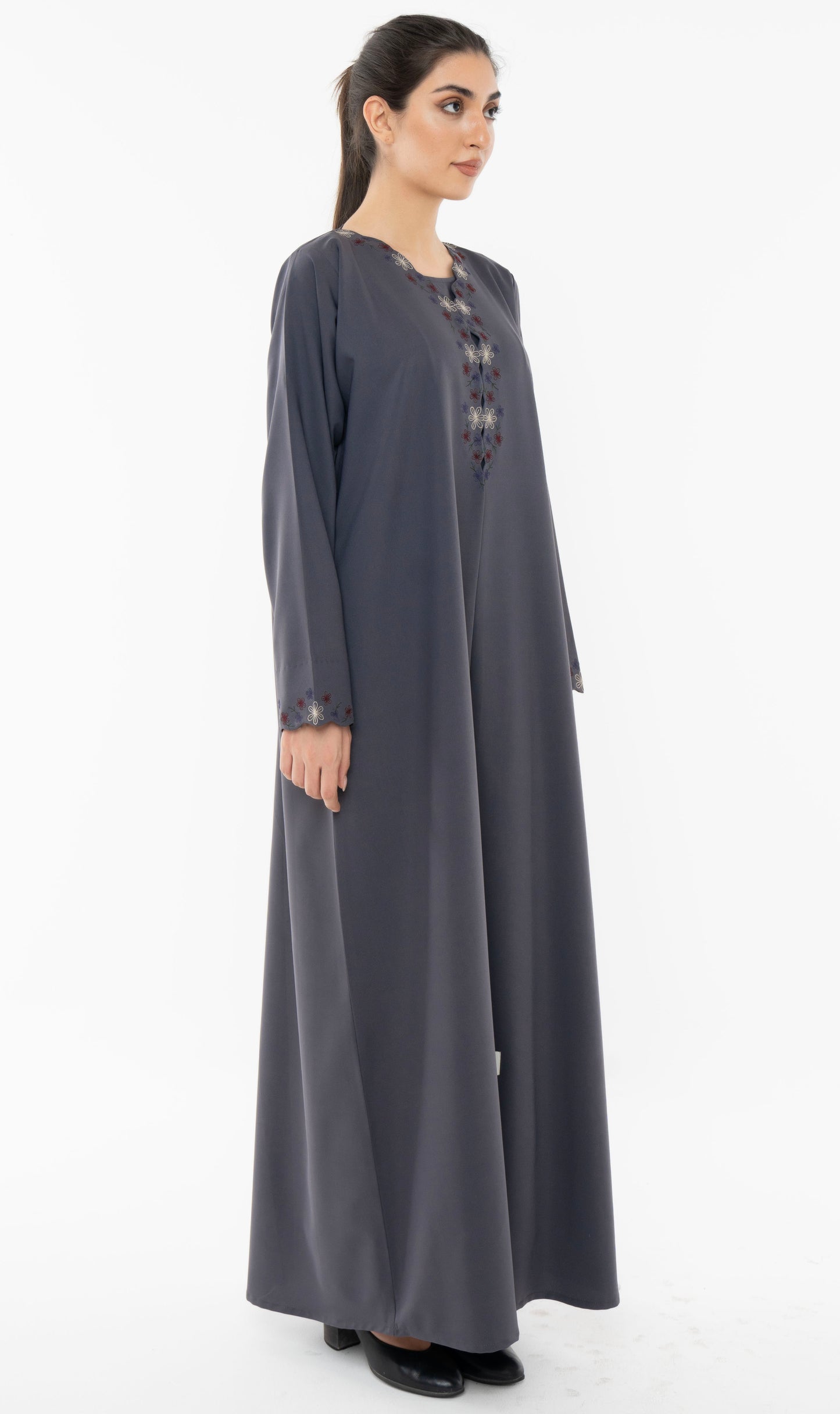 Designed Curve Neck Abaya With Floral Embroidery On Front And Sleeve