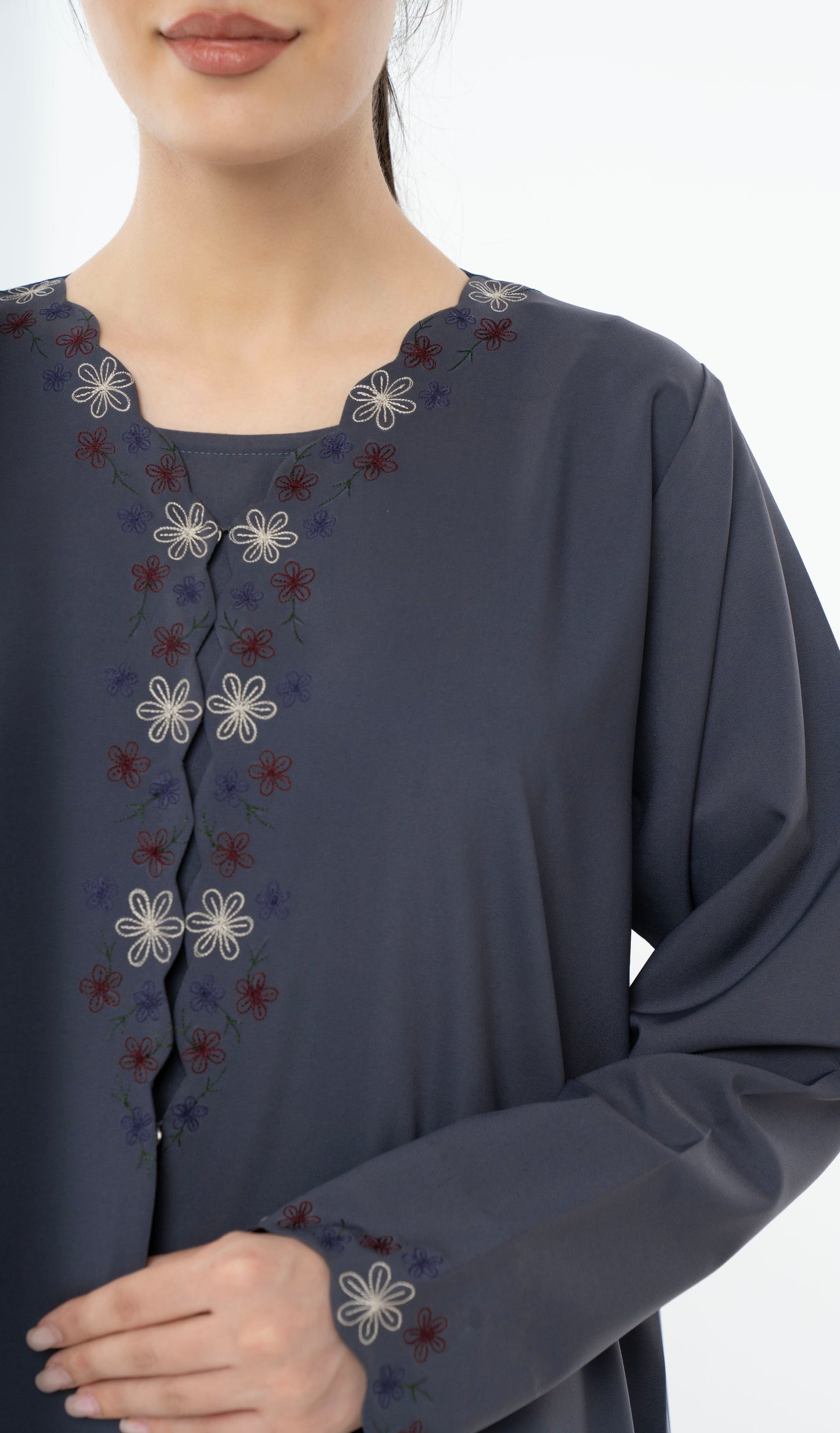 Designed Curve Neck Abaya With Floral Embroidery On Front And Sleeve