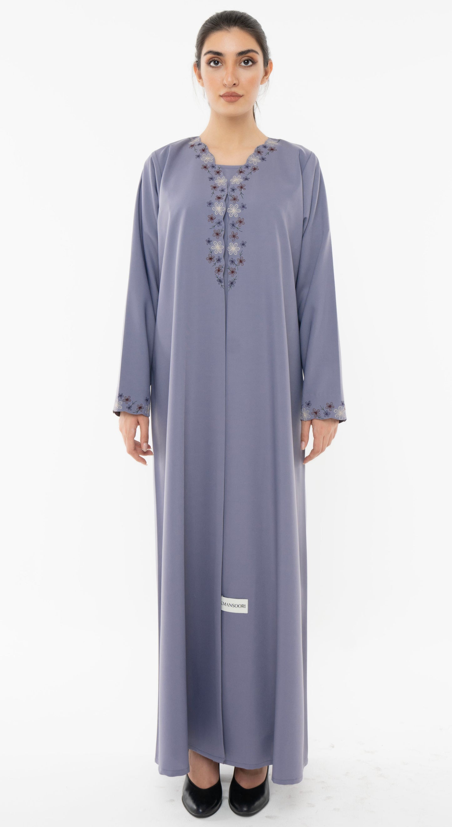 Designed Curve Neck Abaya With Floral Embroidery On Front And Sleeve