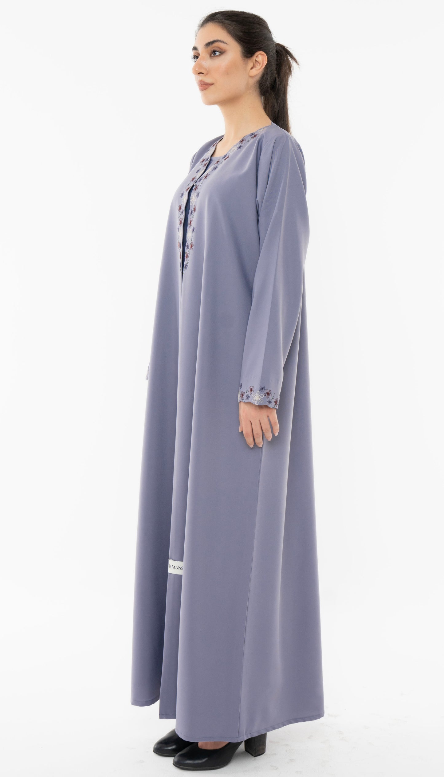 Designed Curve Neck Abaya With Floral Embroidery On Front And Sleeve