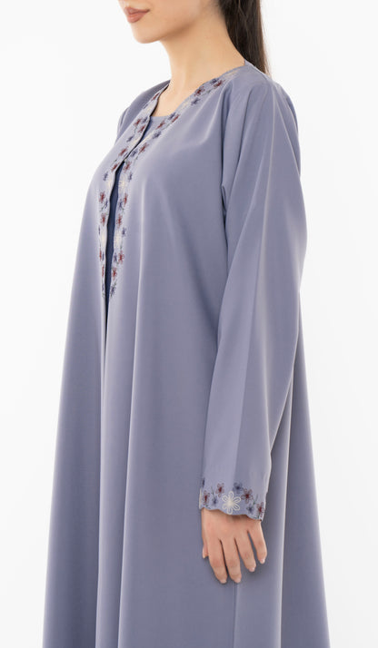 Designed Curve Neck Abaya With Floral Embroidery On Front And Sleeve
