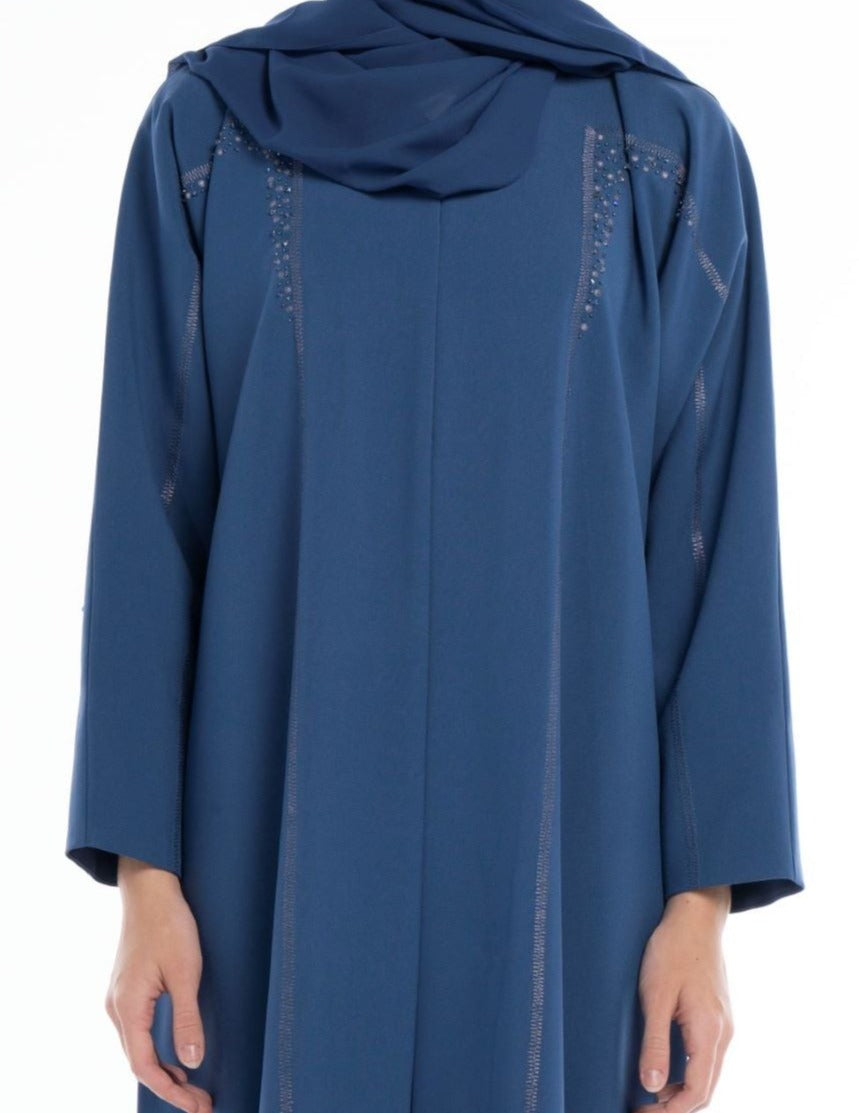 Sky Blue Colored V-Neck Abaya with Geometrical Patterned Embroidery