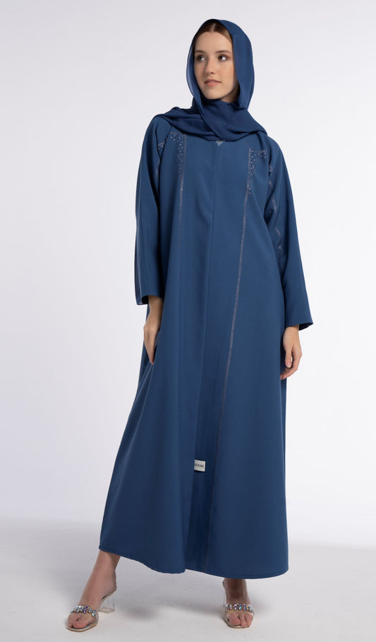 Sky Blue Colored V-Neck Abaya with Geometrical Patterned Embroidery