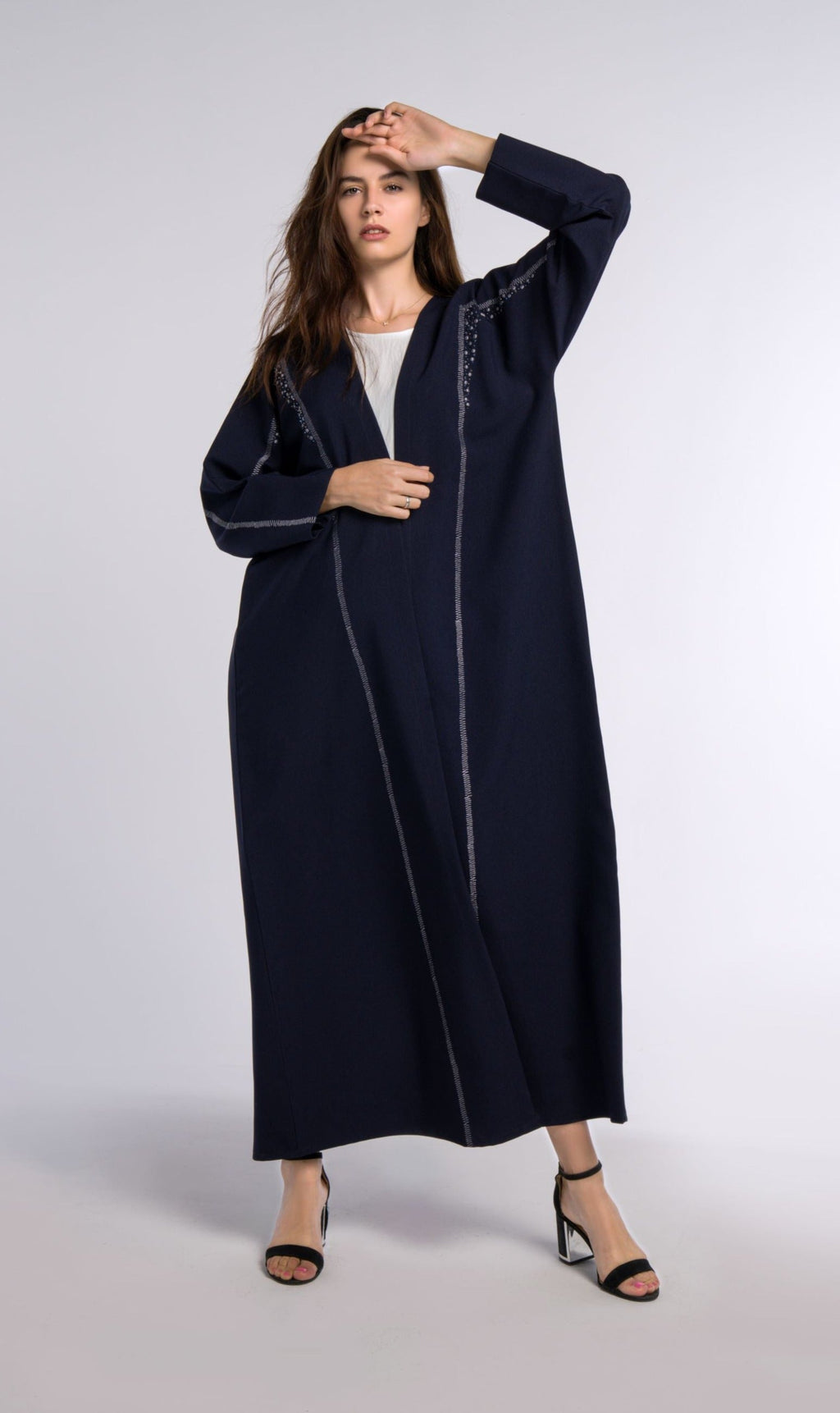 Dark Blue Colored Bisht Abaya with Geometric Patterned Embroidery
