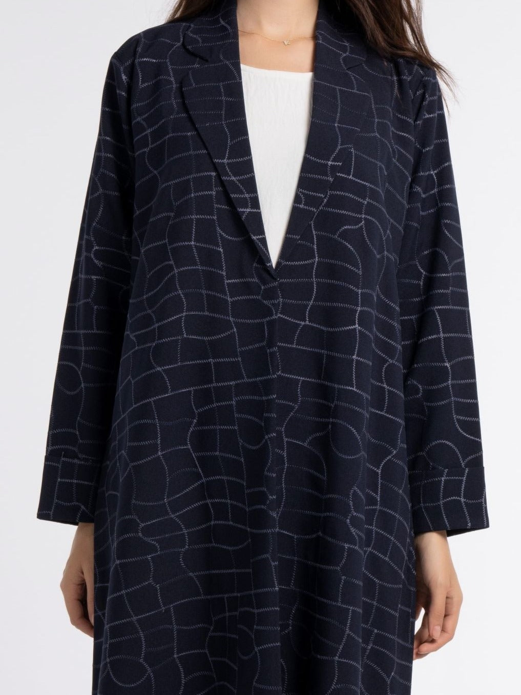 Dark Blue Colored Machine-Printed White Bisht Abaya