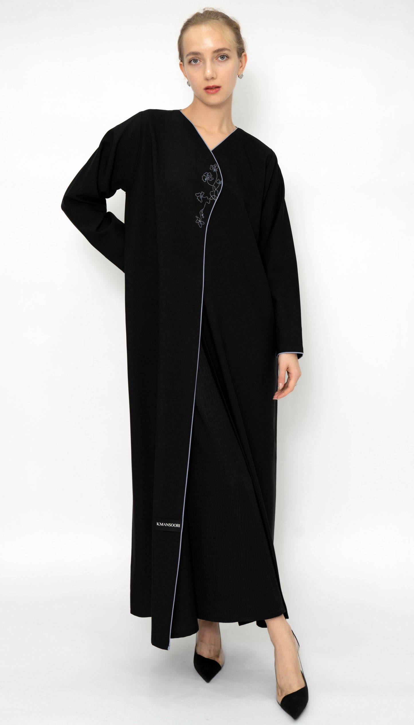 Black Overlap Abaya With Color Floral Embroidery Style