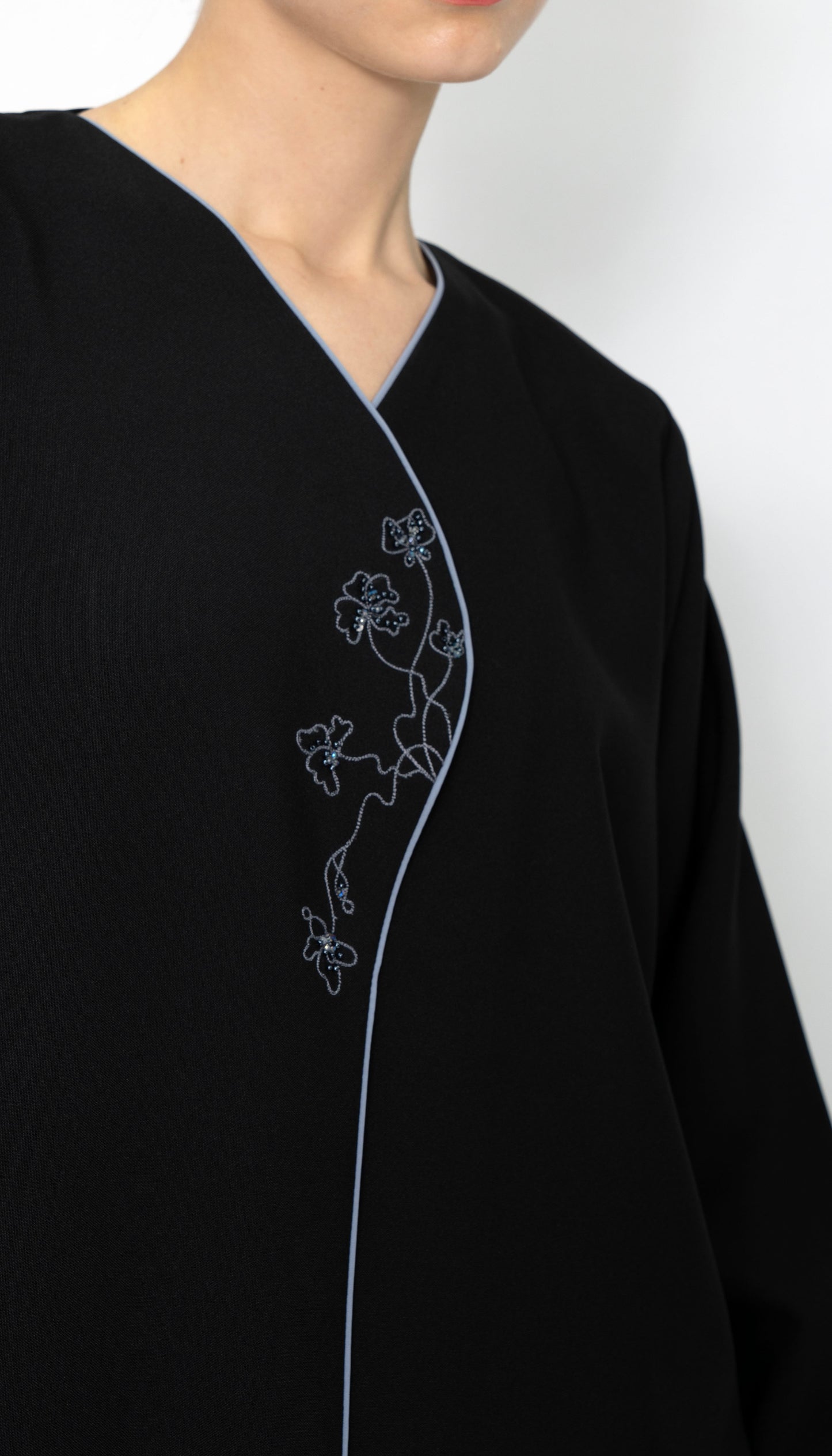 Black Overlap Abaya With Color Floral Embroidery Style