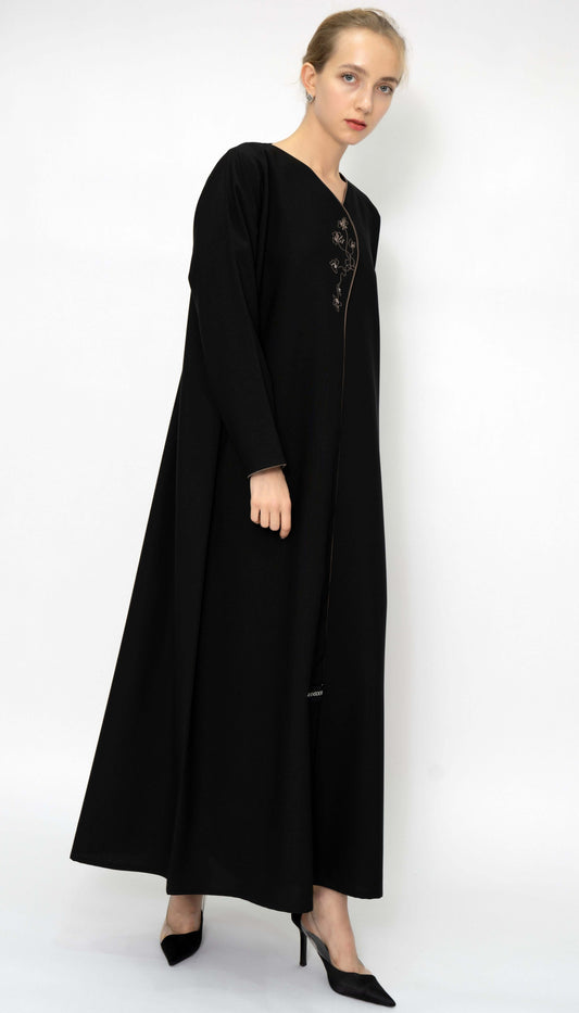 Black Overlap Abaya With Color Floral Embroidery Design