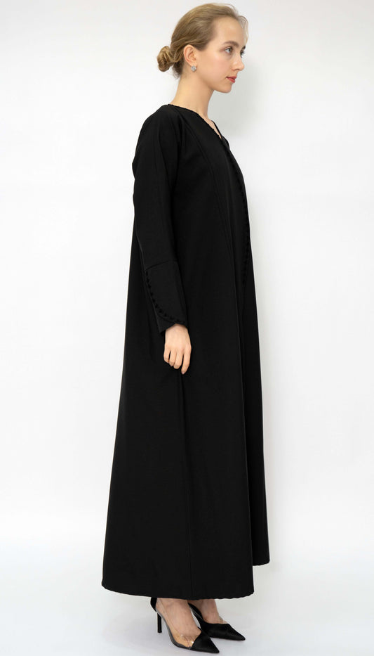 Stylish Patterned Overlap Black Abaya With Embroidery Detailing