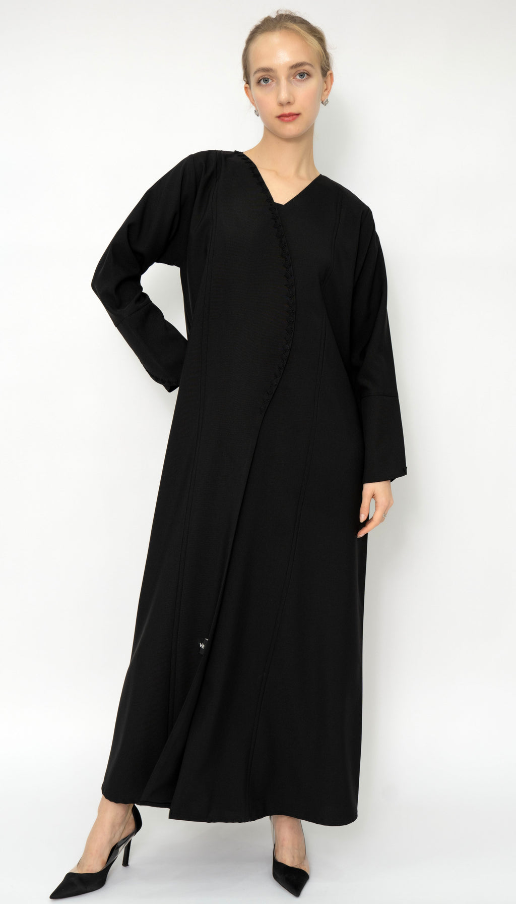 Stylish Patterned Overlap Abaya With Embroidery Detailing