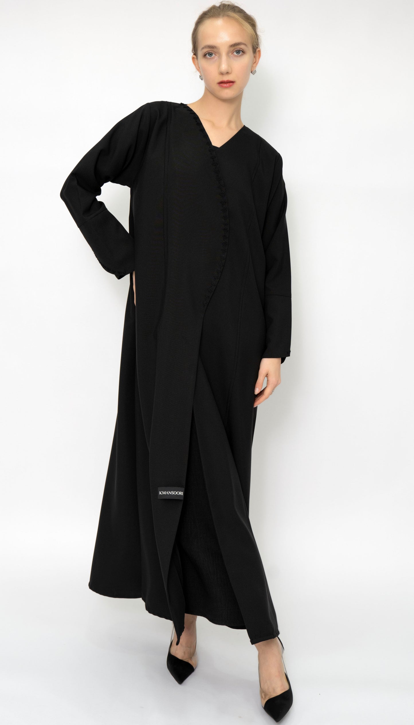 Stylish Patterned Overlap Abaya With Embroidery Detailing