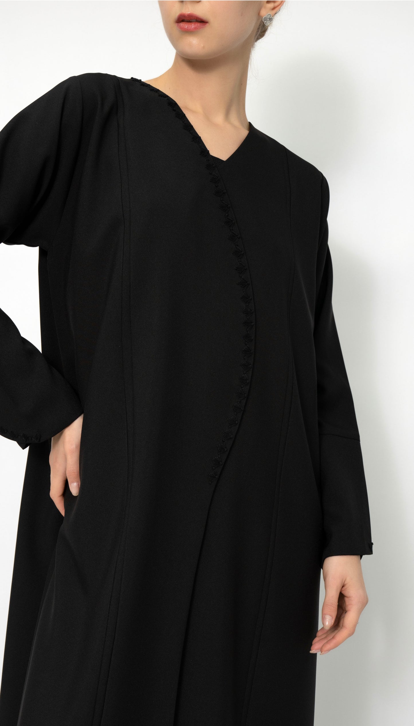 Stylish Patterned Overlap Abaya With Embroidery Detailing