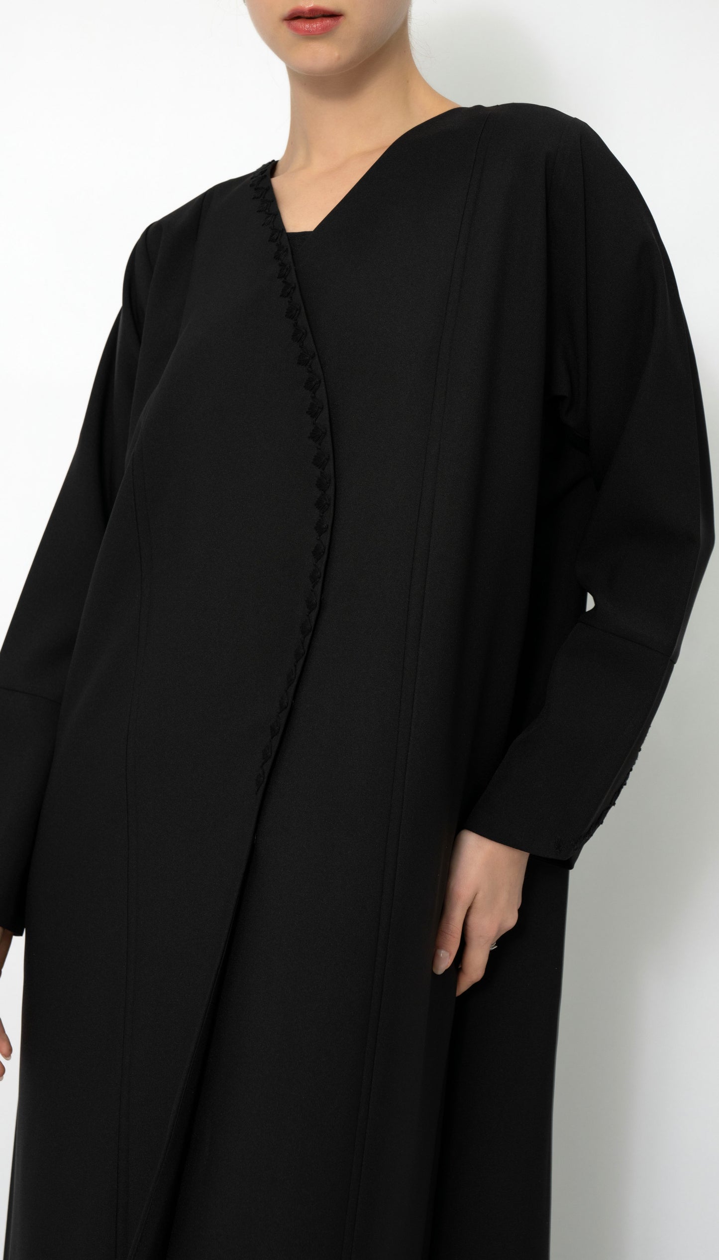 Stylish Patterned Overlap Abaya With Embroidery Detailing