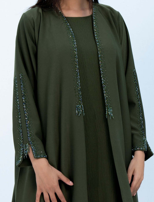 Green Colored V-Neck Abaya with Stunning Embellishments on Front Top Half and Sleeves