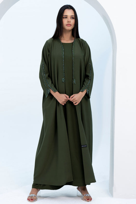 Green Colored V-Neck Abaya with Stunning Embellishments on Front Top Half and Sleeves