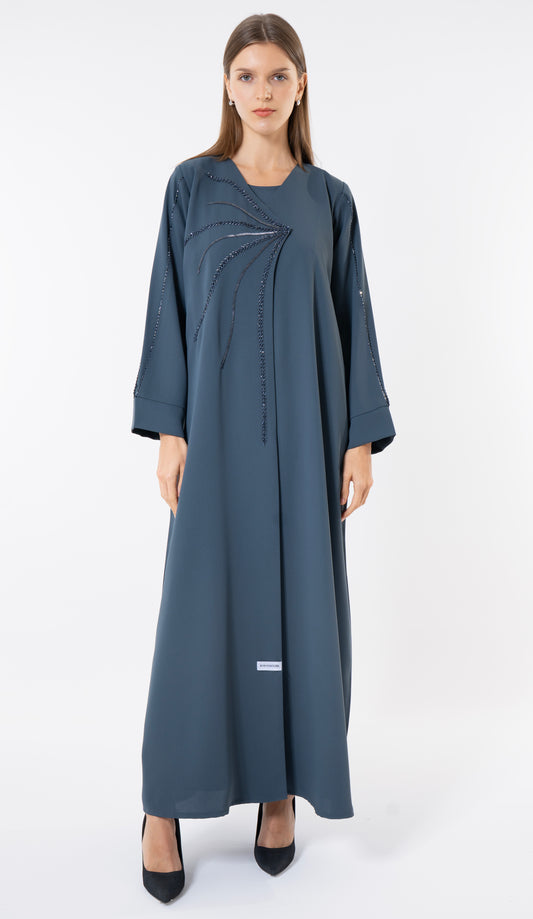 Grey Overlap Abaya With Fine Handworked Front Detail