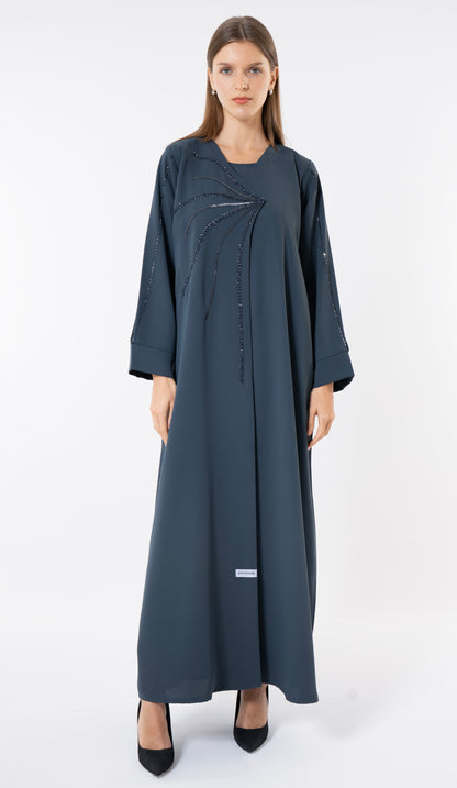 Grey Overlap Abaya With Front Handwork Detailing