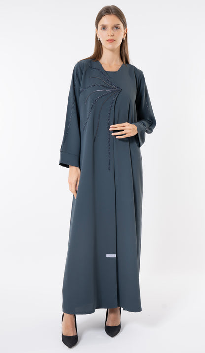 Grey Overlap Abaya With Fine Handworked Front Detail