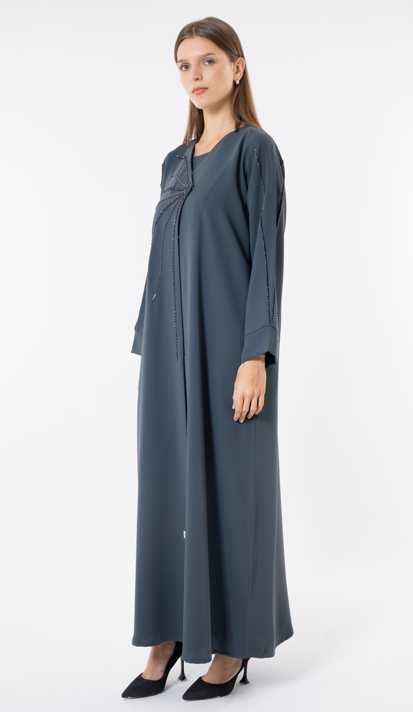 Grey Overlap Abaya With Front Handwork Detailing