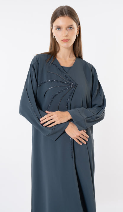 Grey Overlap Abaya With Front Handwork Detailing