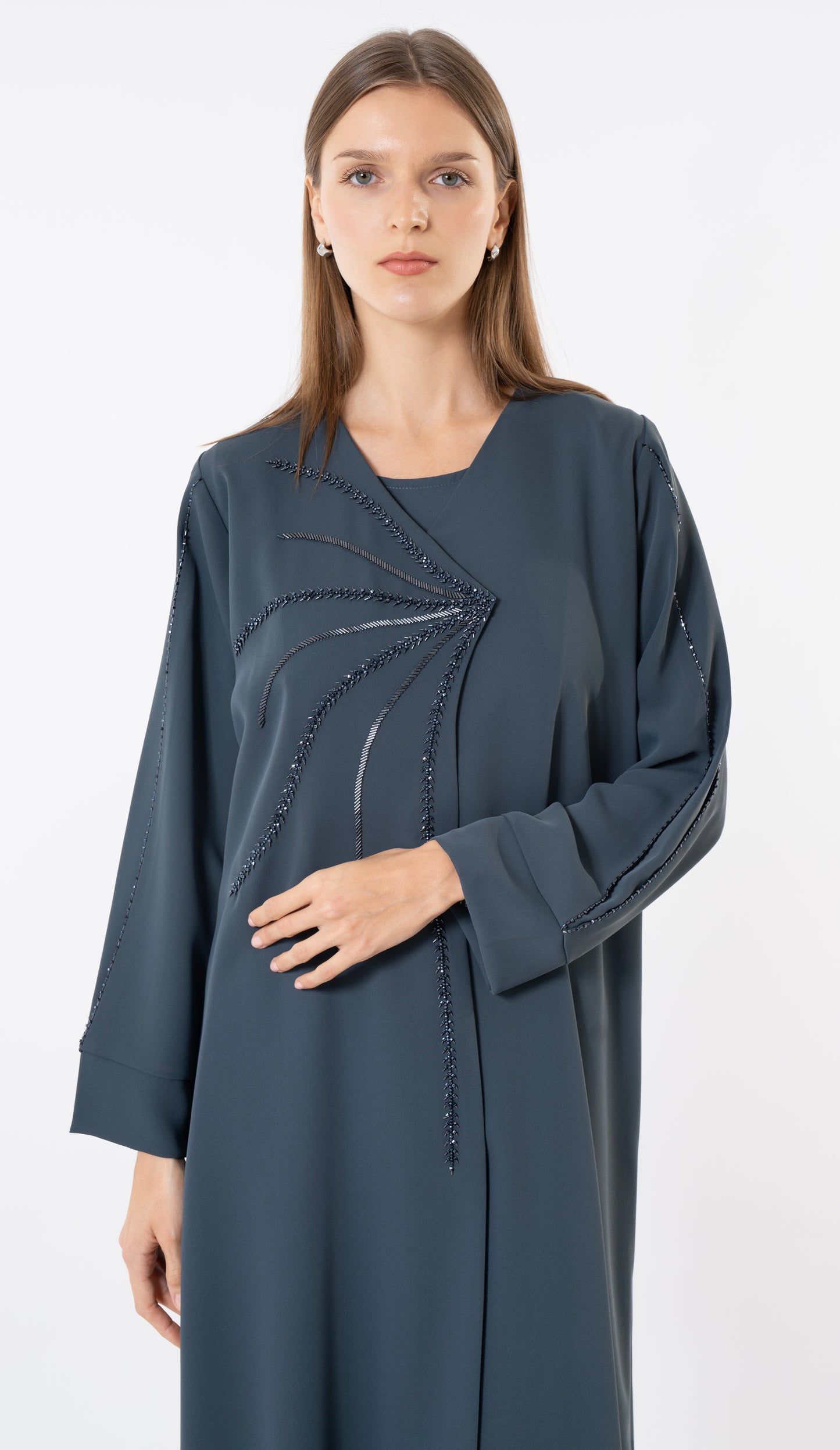 Grey Overlap Abaya With Fine Handworked Front Detail