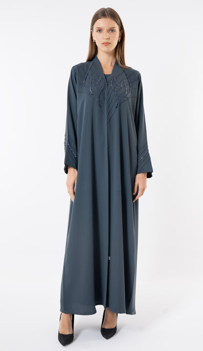 Grey Pintuck Abaya With Handworked Front And Sleeve Detailing