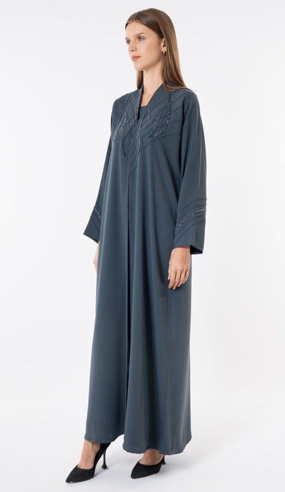 Grey Pintuck Abaya With Handworked Front And Sleeve Detailing