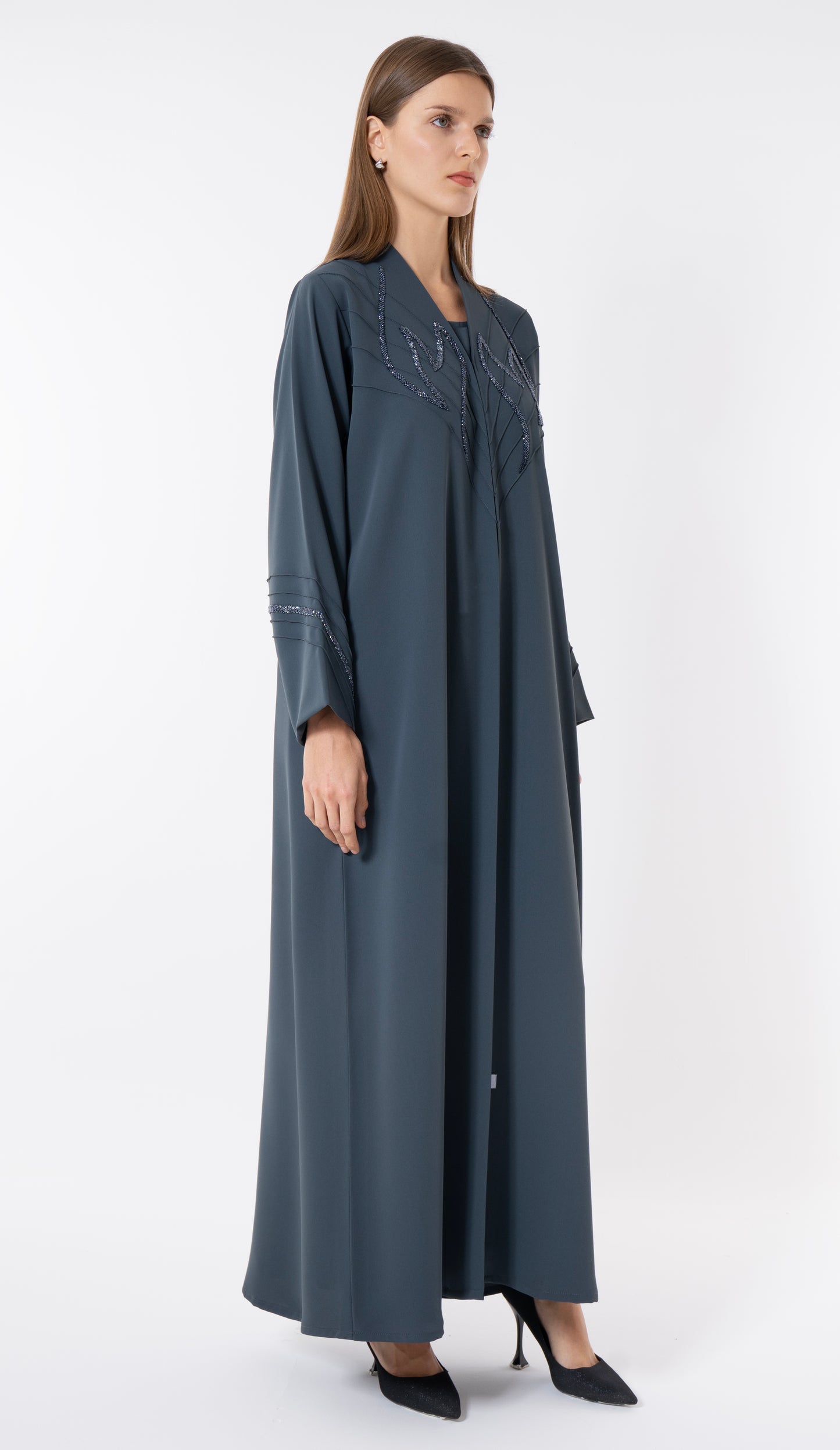 Grey Abaya With Pintuck Design And Fine Handwork Embellishment
