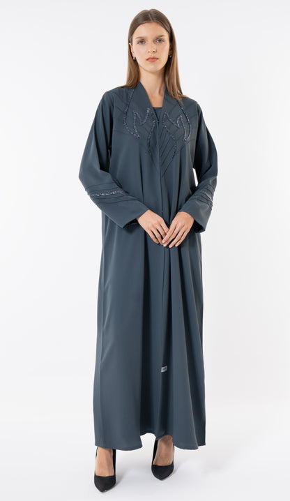Grey Abaya With Pintuck Design And Fine Handwork Embellishment