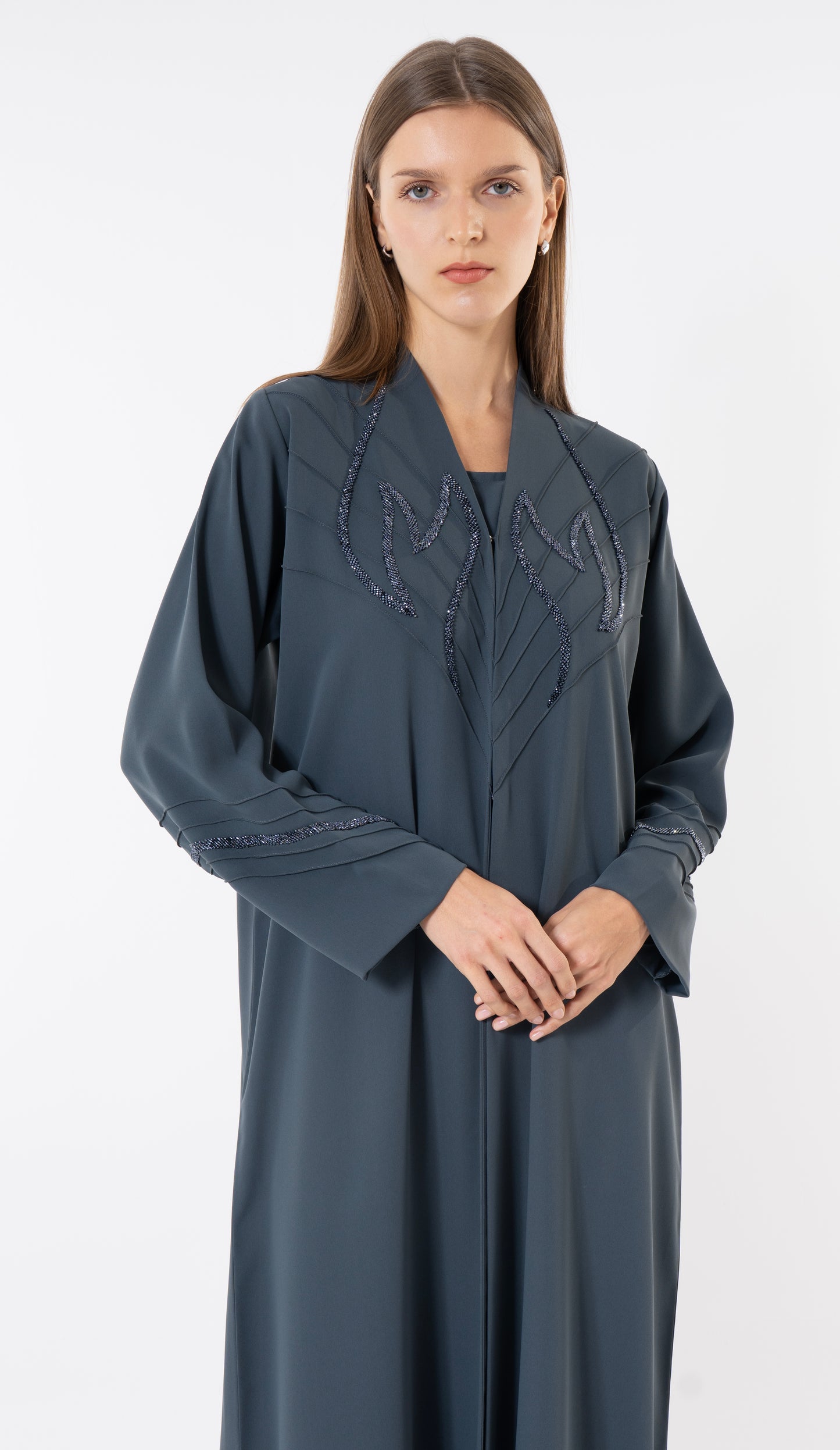 Grey Pintuck Abaya With Handworked Front And Sleeve Detailing