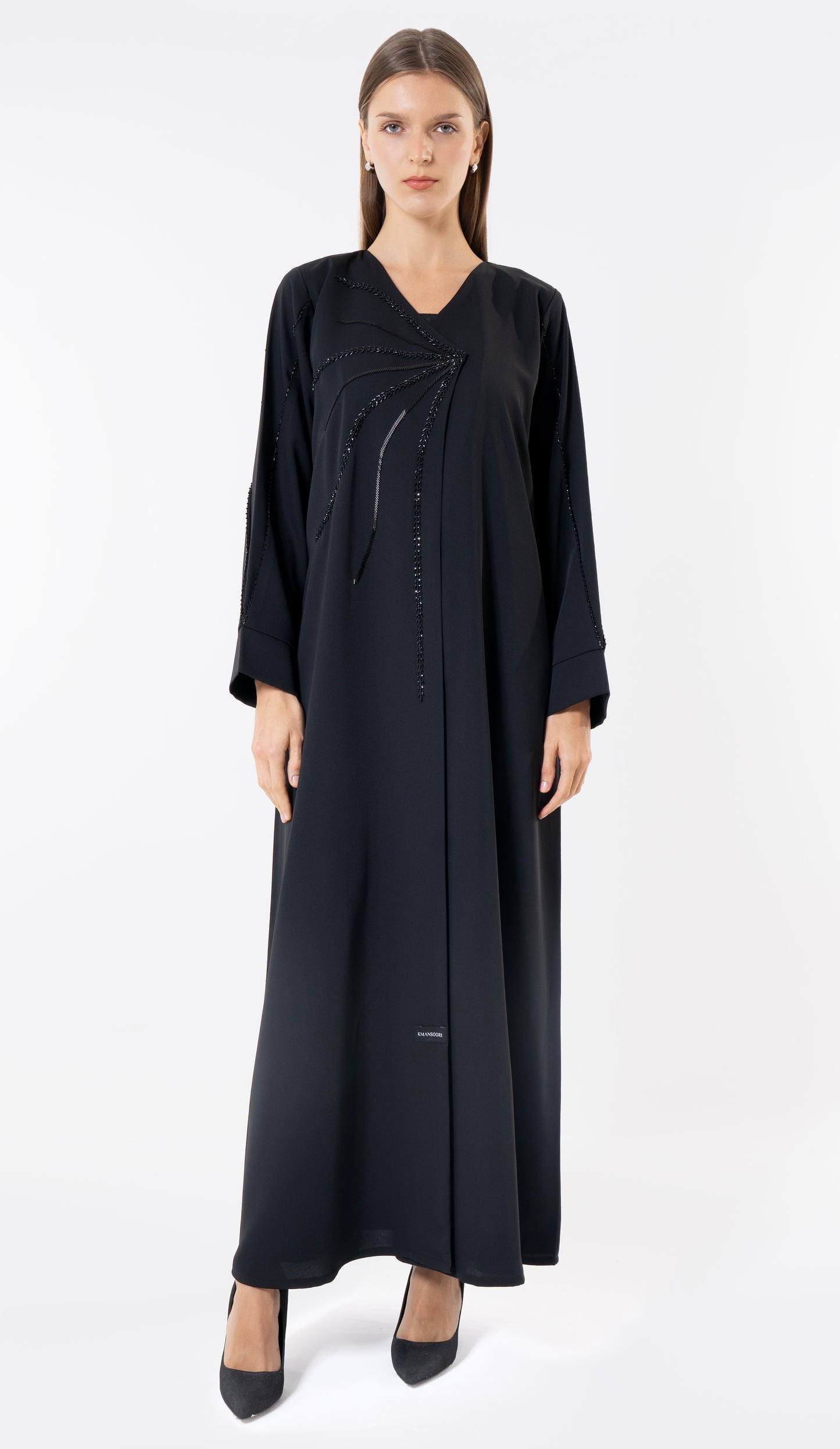 Black Overlap Abaya With Fine Handworked Front Detail