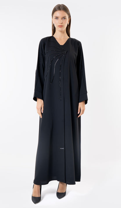 Black Overlap Abaya With Fine Handworked Front Detail