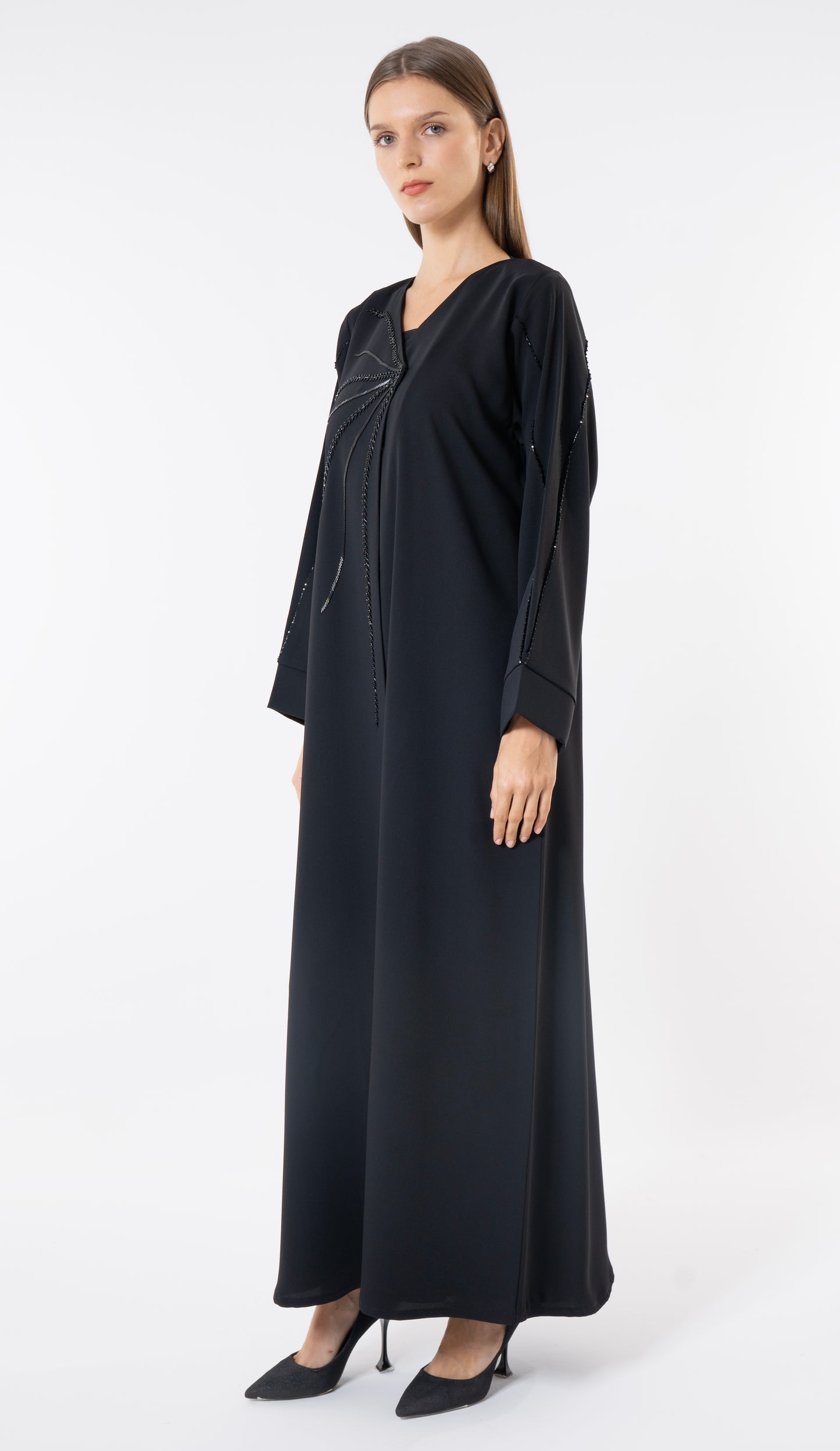 Black Overlap Abaya With Fine Handworked Front Detail