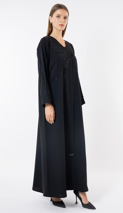 Black Overlap Abaya With Front Handwork Detailing