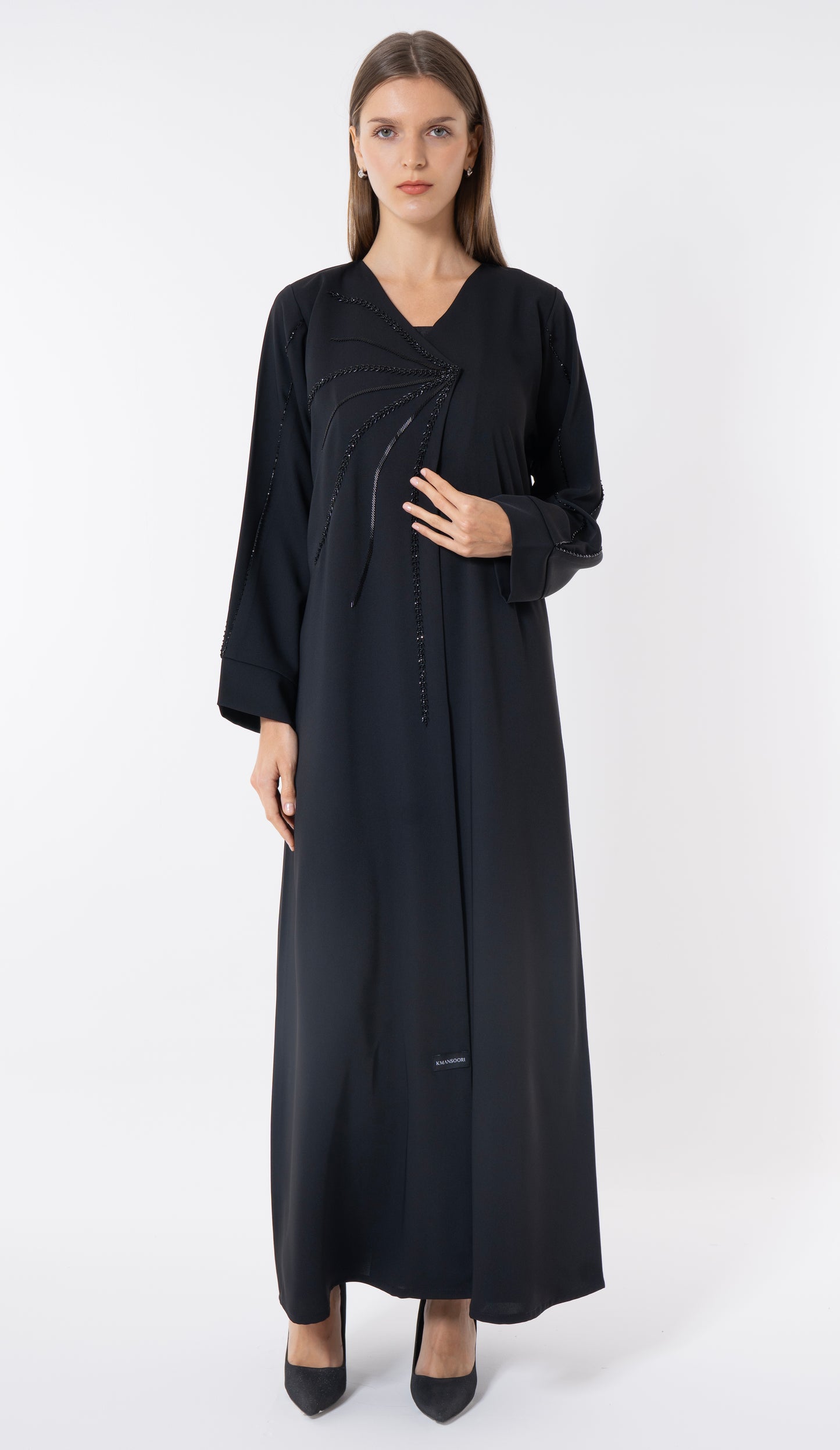 Black Overlap Abaya With Fine Handworked Front Detail