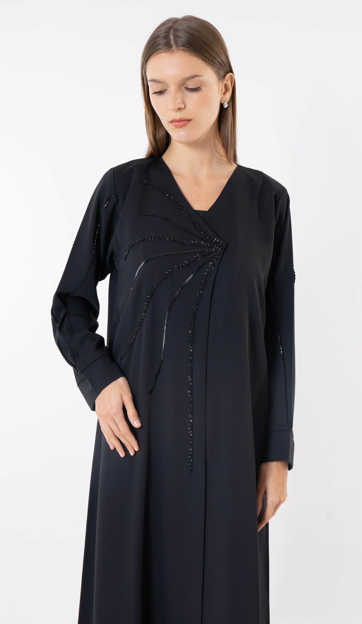 Black Overlap Abaya With Front Handwork Detailing
