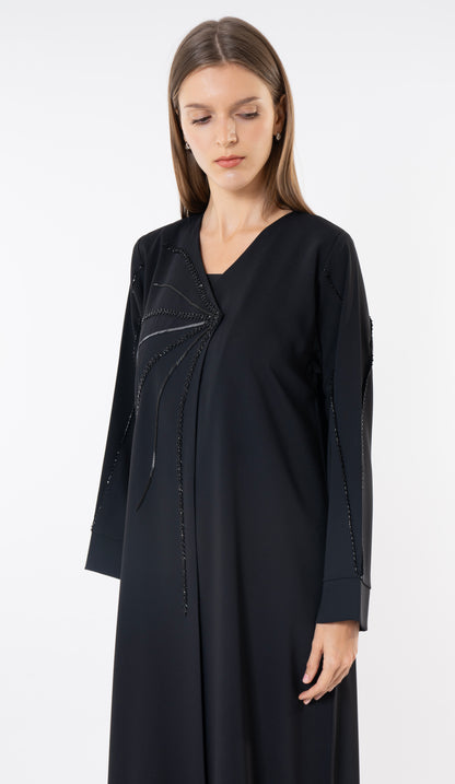 Black Overlap Abaya With Front Handwork Detailing