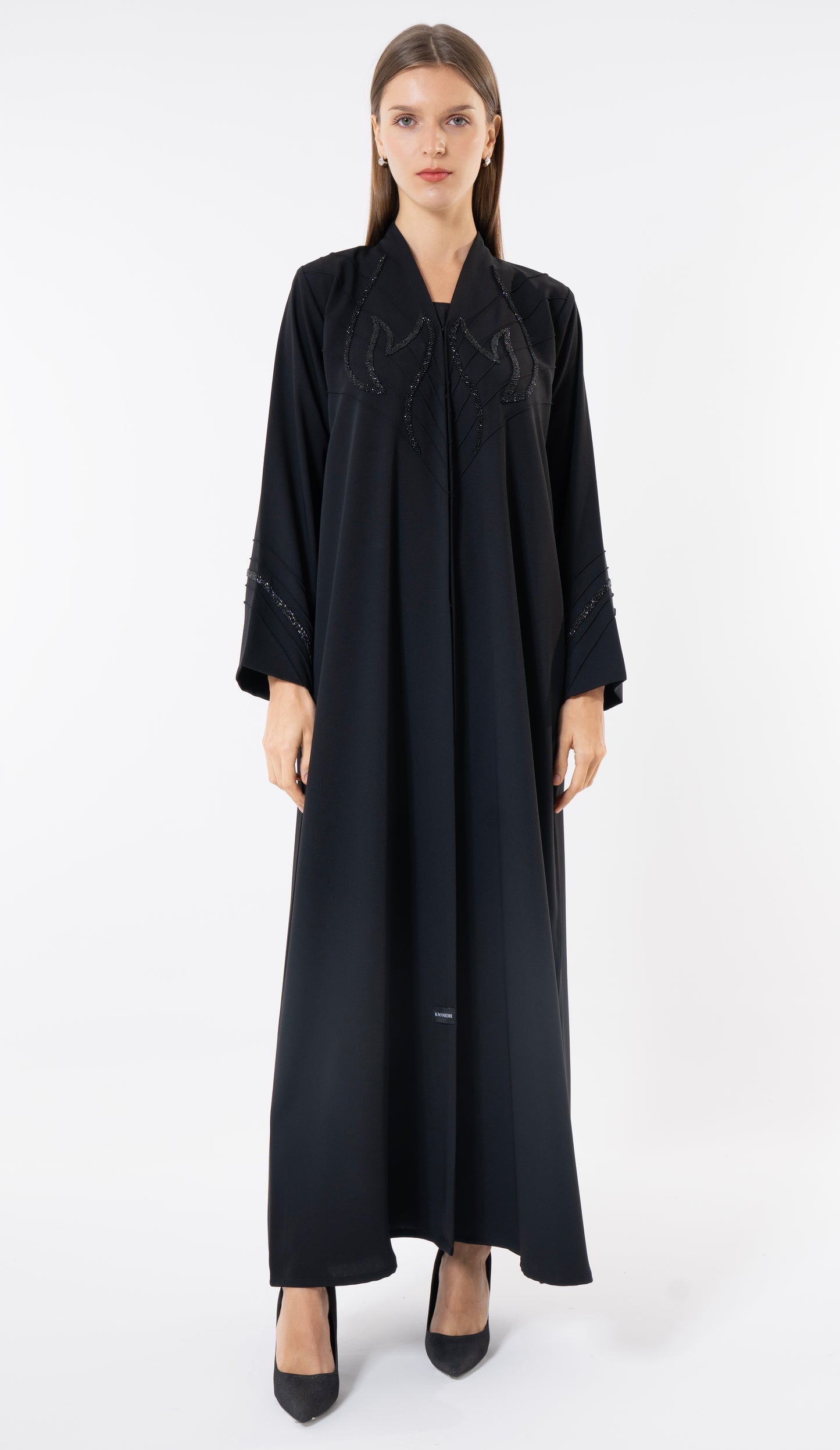 Black Pintuck Abaya With Handworked Front And Sleeve Detailing