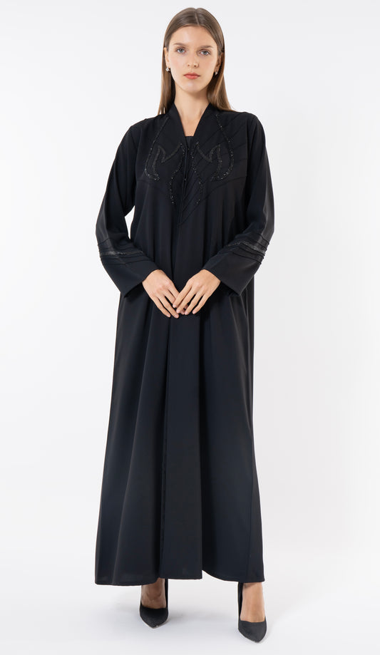 Black Pintuck Abaya With Handworked Front And Sleeve Detailing