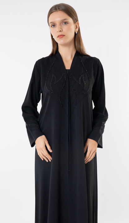 Black Pintuck Abaya With Handworked Front And Sleeve Detailing