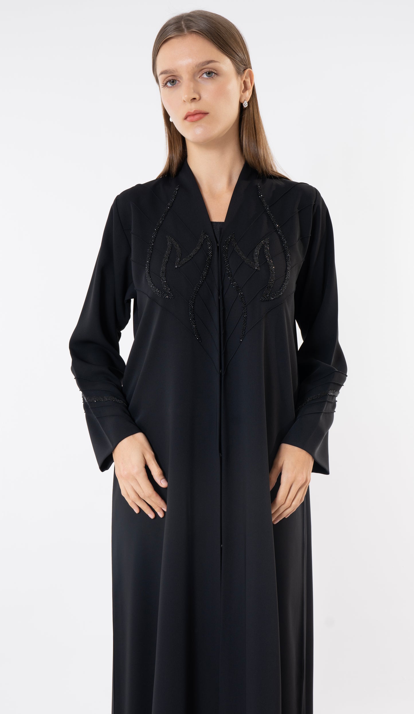 Black Abaya With Pintuck Design And Fine Handwork Embellishment
