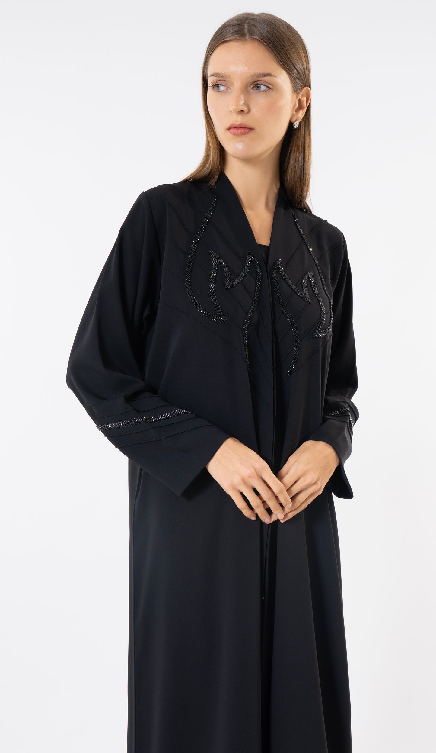 Black Pintuck Abaya With Handworked Front And Sleeve Detailing