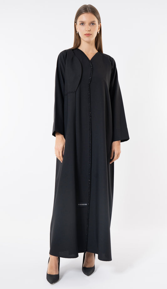 Black Layered Abaya With Overlap Curve Design And Beadwork