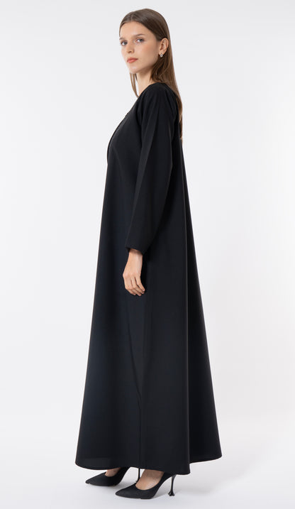 Black Layered Abaya With Overlap Curve Design And Beadwork