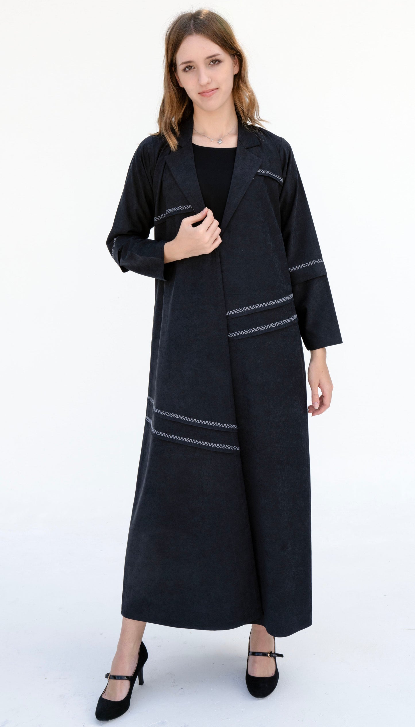 Collar Abaya With Blanket Stitch Detailing On Front And Sleeve