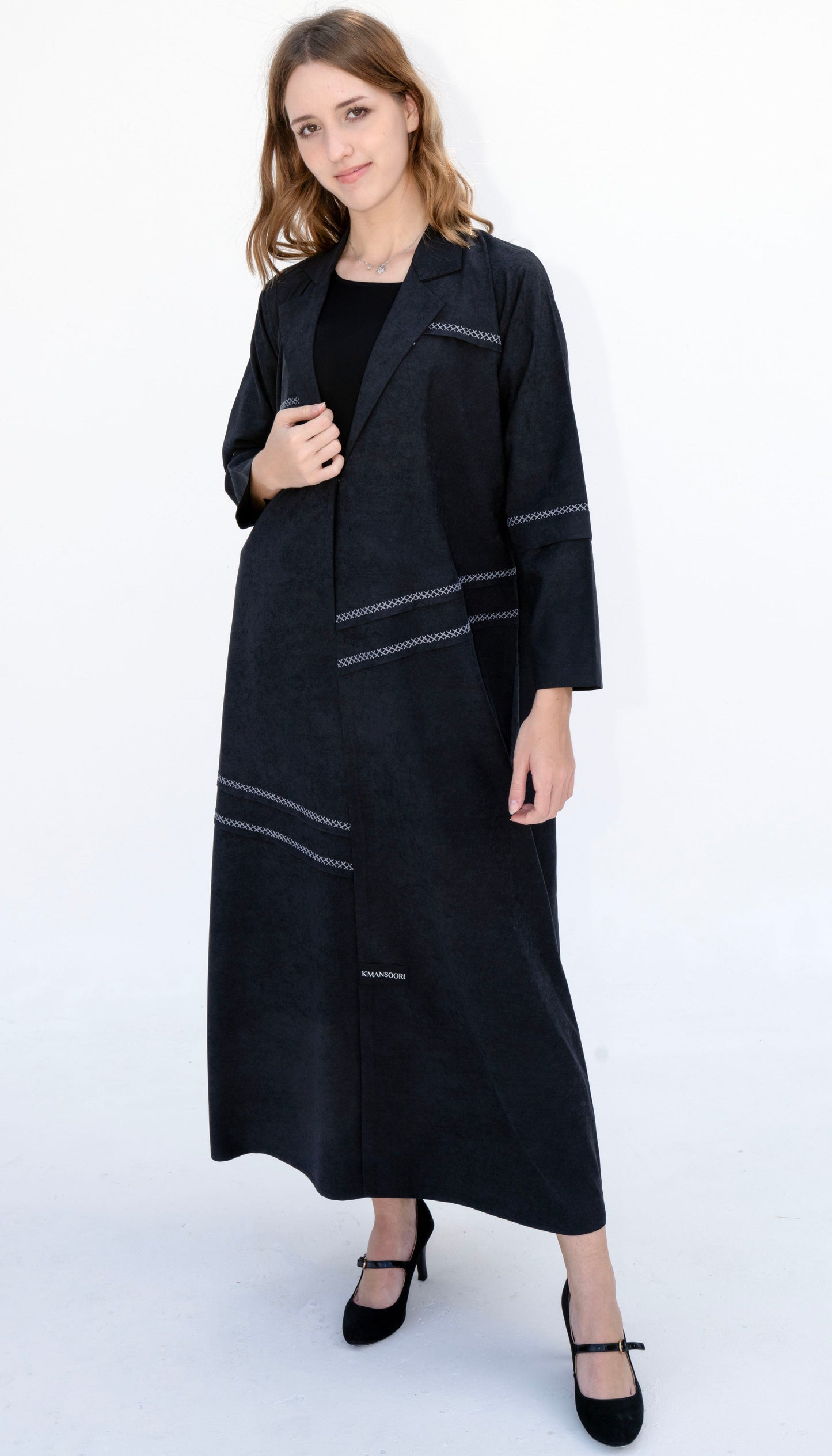 Collar Abaya With Blanket Stitch Detailing On Front And Sleeve