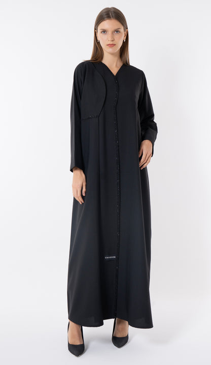 Black Layered Abaya With Overlap Curve Design And Beadwork