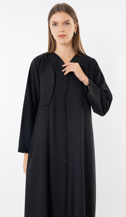 Black Layered Abaya With Overlap Curve Design And Beadwork